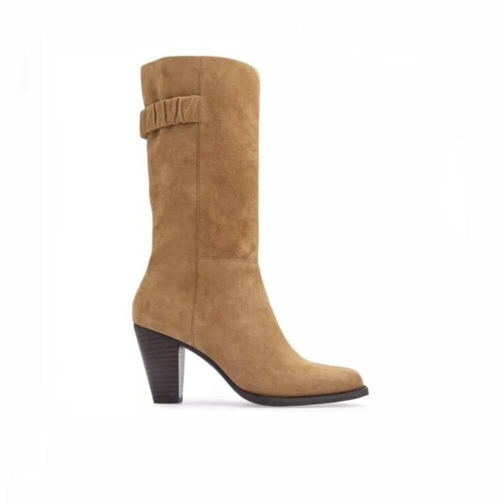 7.5M Caramel Knee High Boot Cuban Block Heel Square Toe Elastic Aerosoles Liki